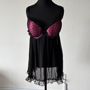 Passion Forever 1X Babydoll Push Up Lingerie Sheer Black Pink Polka Dot Sexy Y2K